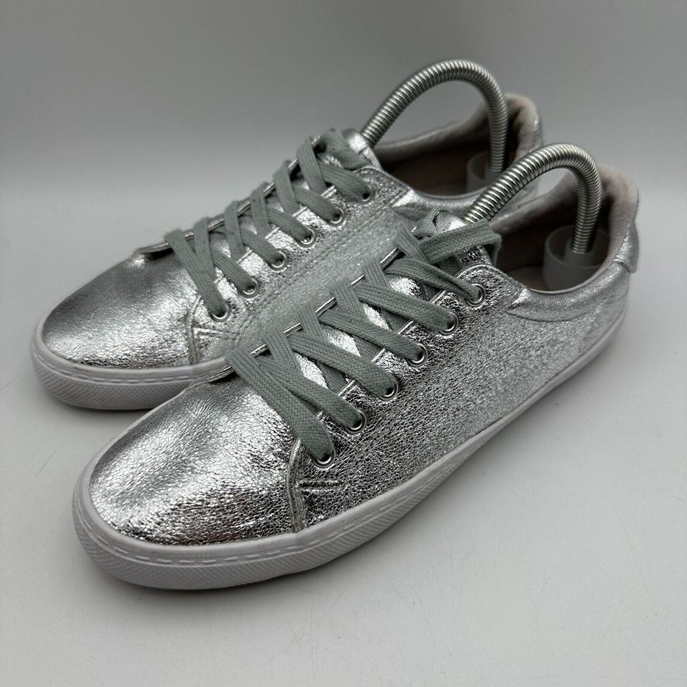 Asos Sneakers Shoes Womens 7 Metallic Silver Round Toe Low Top Lace Up‎ Comfort